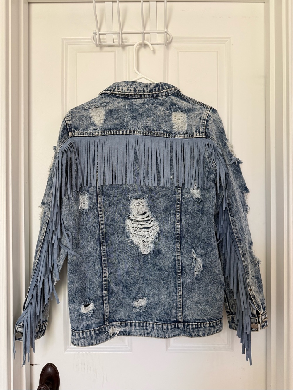 Light Blue Distressed Fringe Denim Jacket - Women